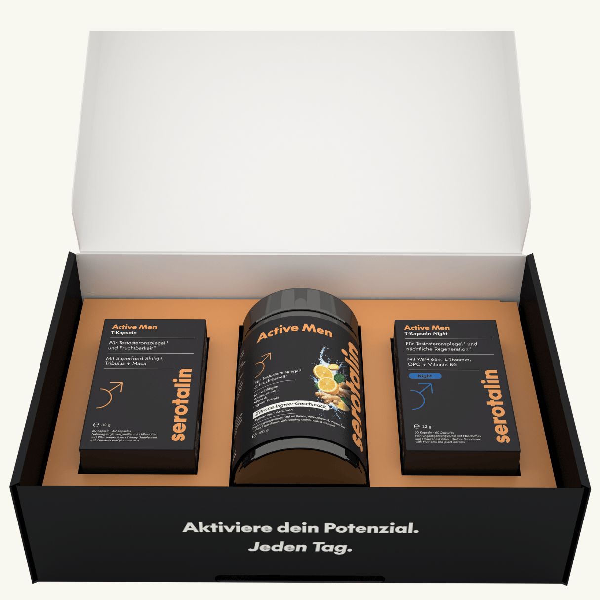 serotalin Active Men T-Max Set | Maca Kapseln, Night Kapseln mit KSM-66 Ashwagandha & T-Vitaldrink