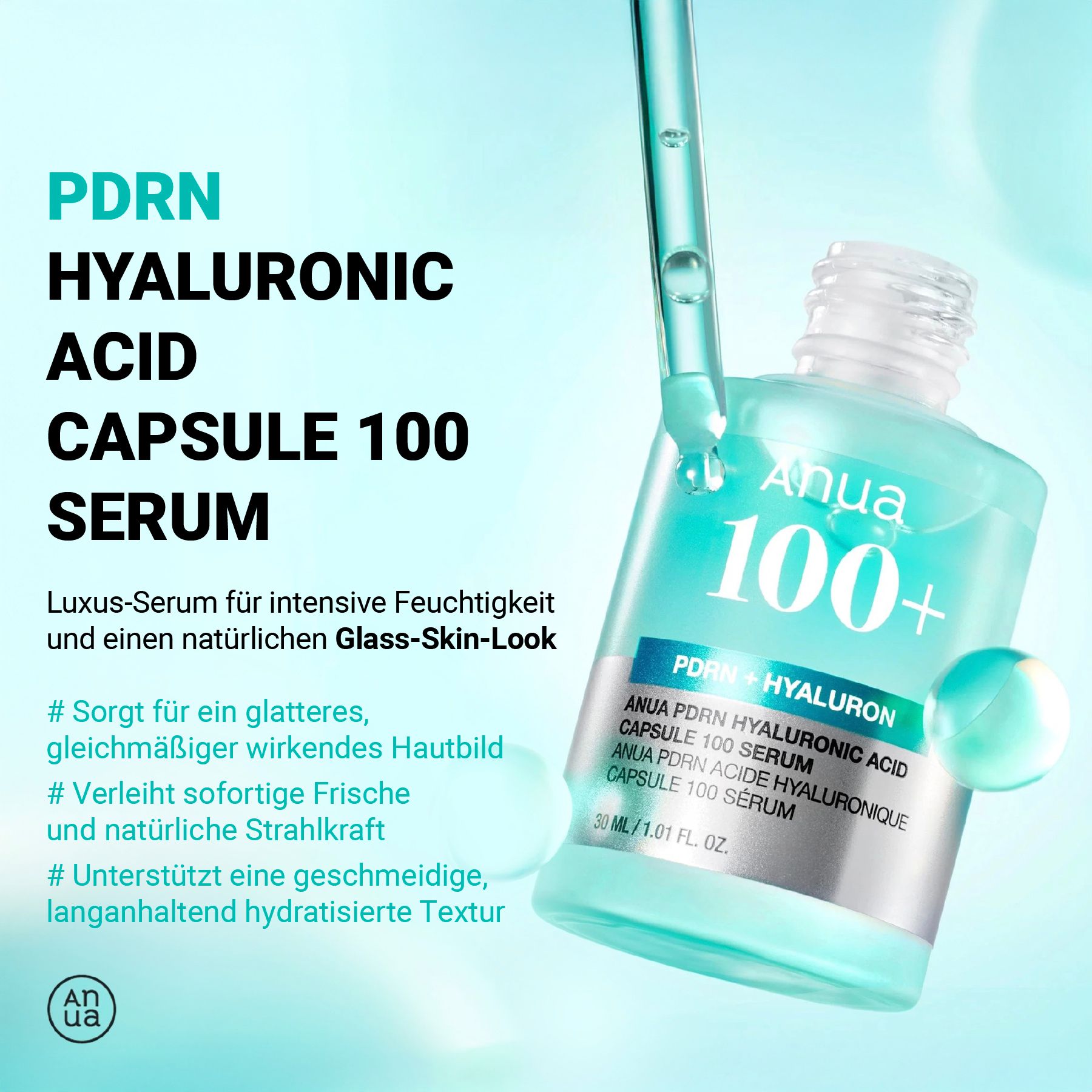 Serumflasche mit Pipette. Aufschrift: PDRN Hyaluronic Acid Capsule 100 Serum. Marke: Anua. Flasche mit blauer Flüssigkeit.