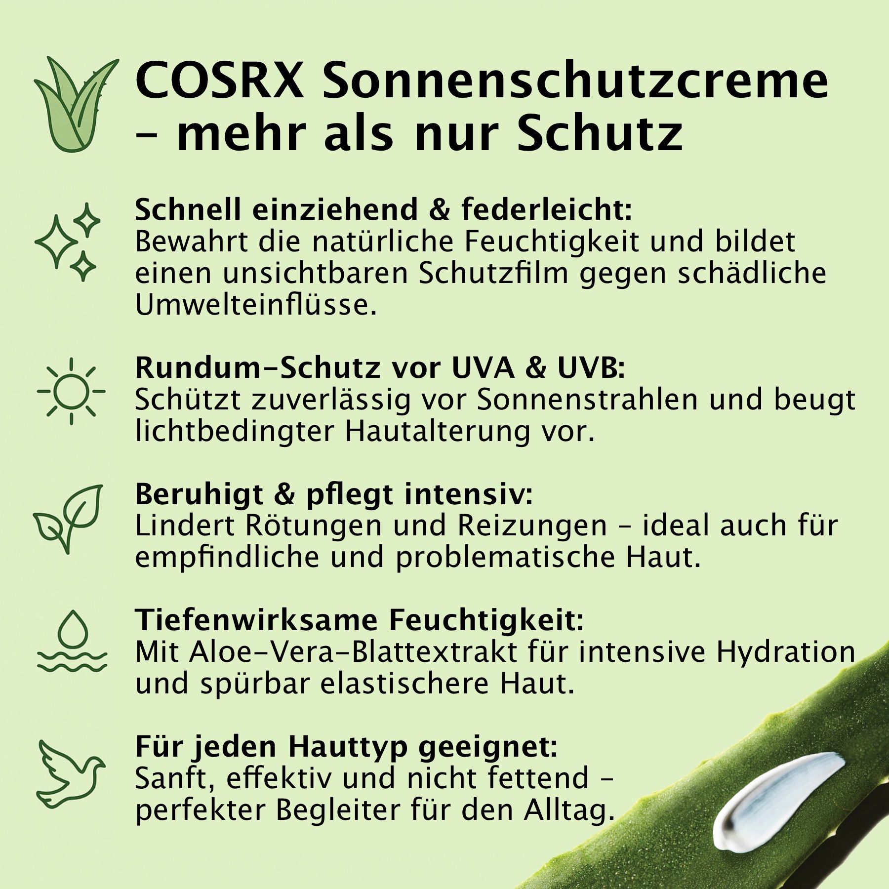 Text mit Icons und Stichpunkten. Themen: Schutz vor UVA & UVB, beruhigt & pflegt, feuchtigkeitsspendend, für jeden Hauttyp.