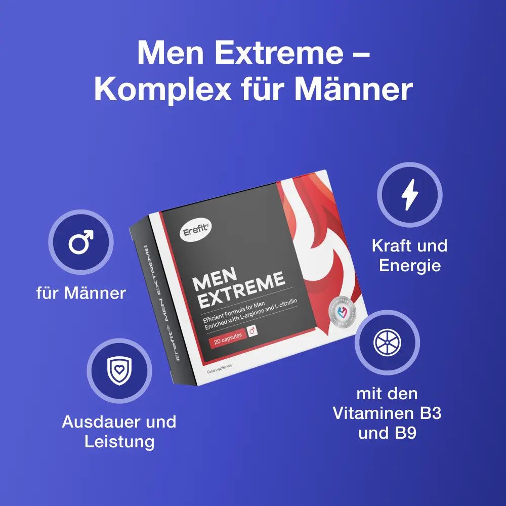 Paar im Bett. Produktverpackung Men Extreme. Text: Men Extreme - Komplex für Männer.