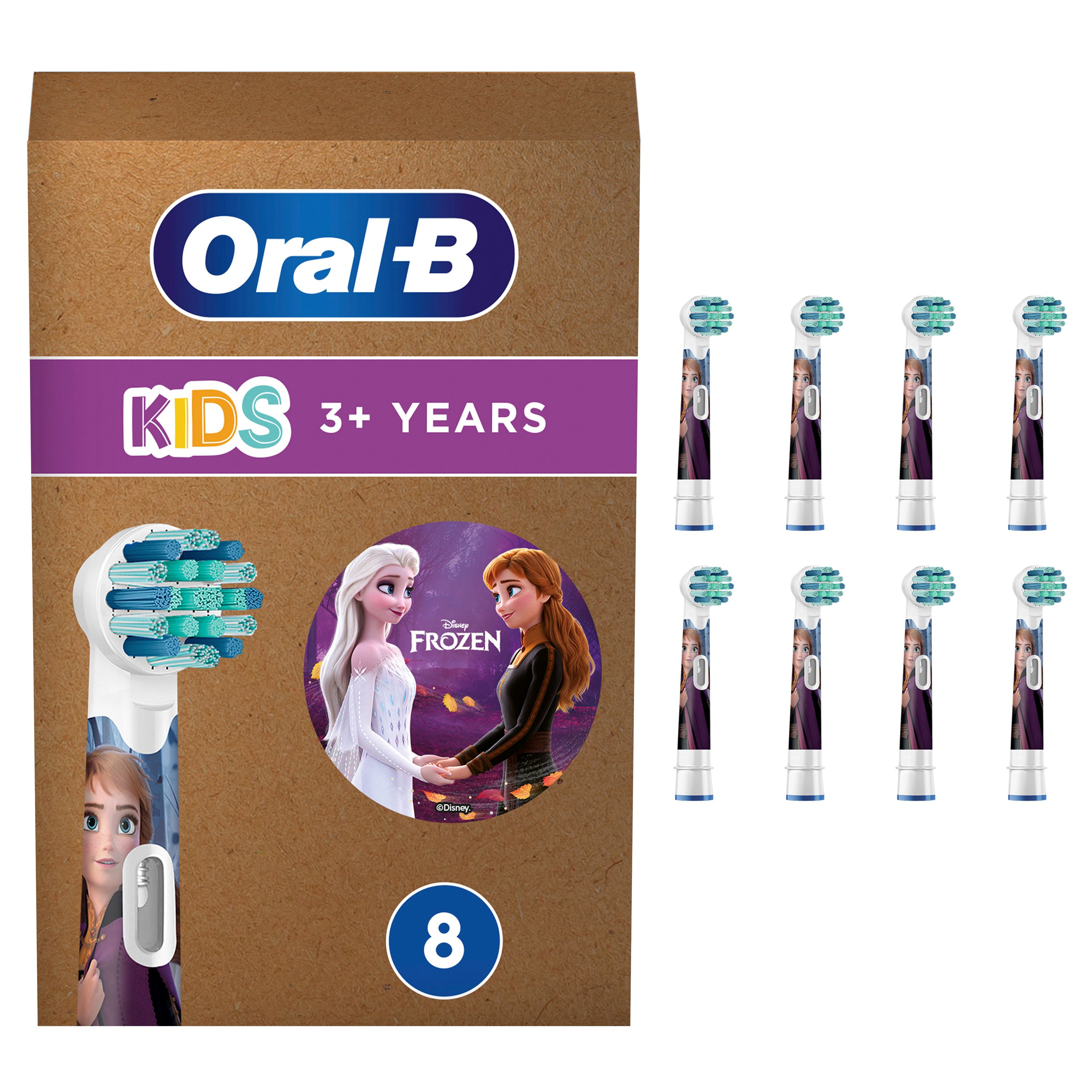 Packung mit Oral-B Kids Frozen Aufsteckbürsten. Enthält 8 Bürstenköpfe. Auf der Verpackung sind Elsa und Anna abgebildet.