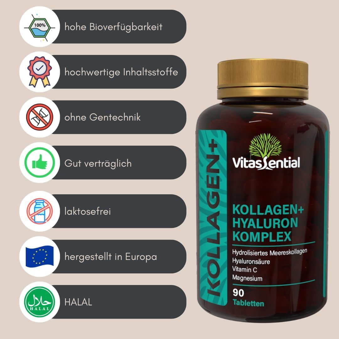 Braune Flasche mit Tabletten. Text: Vitassential Kollagen+ Hyaluron Komplex. 90 Tabletten. Mit Logos.
