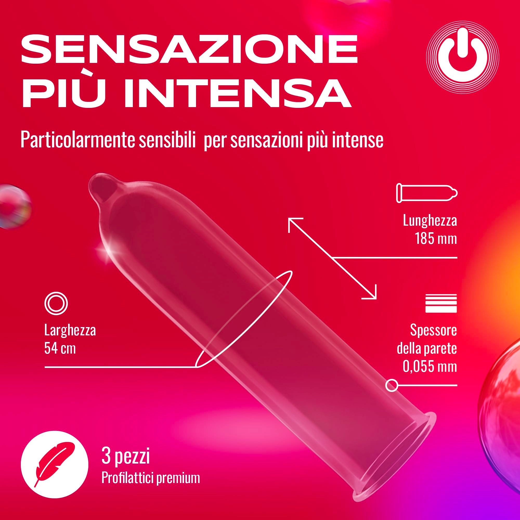 ON Kondom Super Thin: 54mm breit, 185mm lang, 0,055mm dünn. Für intensivere Empfindungen.
