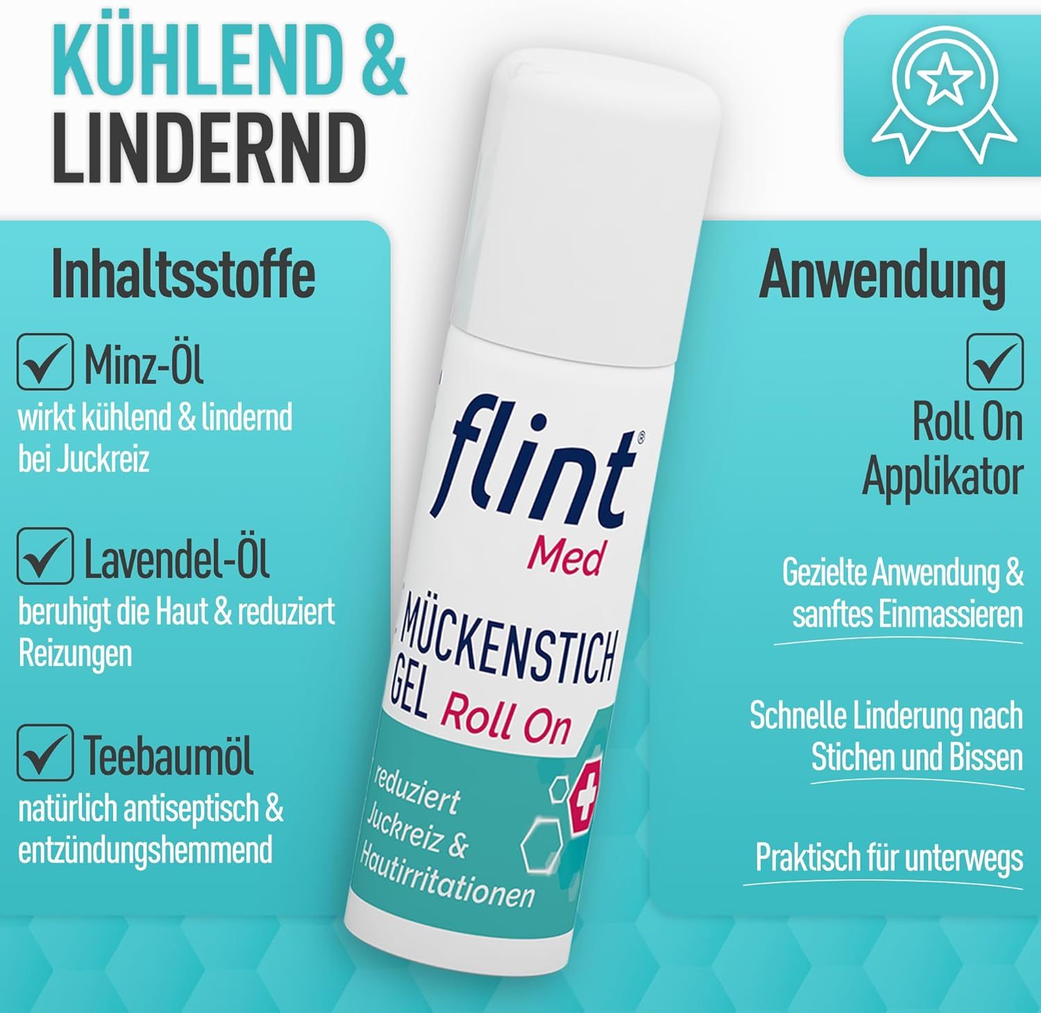 flint Mückenstich Gel Roll On. Text: Kühlend & lindernd. Inhaltsstoffe: Minz-Öl, Lavendel-Öl, Teebaumöl. Anwendung: Roll On Applikator.