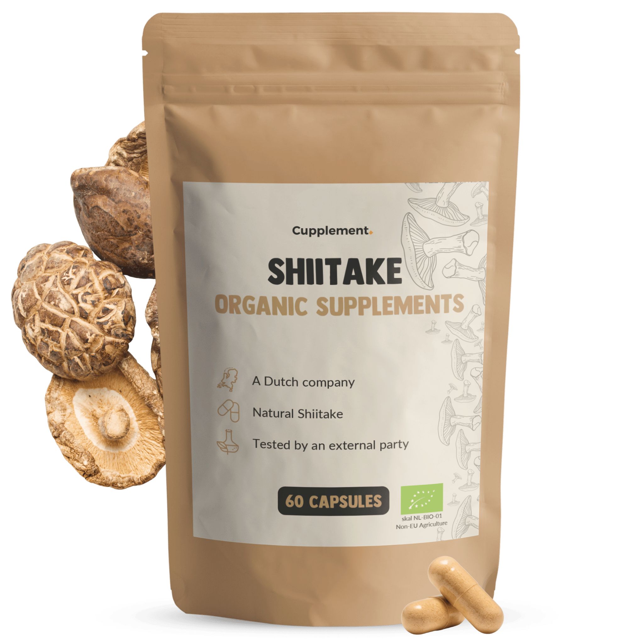Braune Tüte mit Shiitake-Pilzen und Kapseln. Text: „Shiitake Organic Supplements“. 60 Kapseln. Bio-Zertifizierung.
