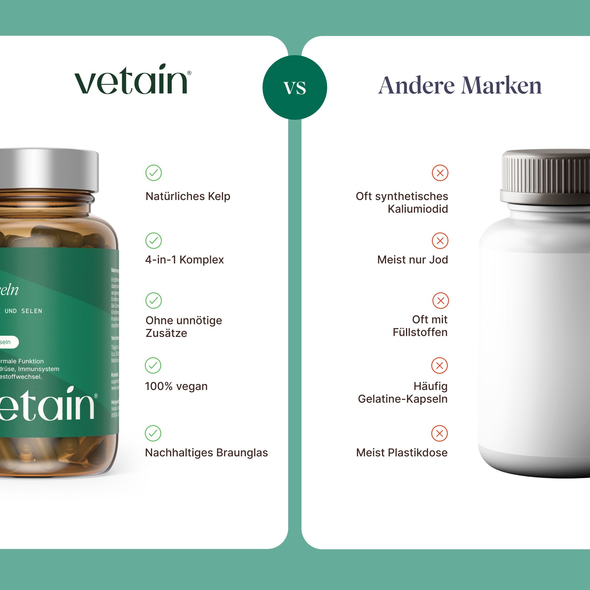 Vergleich: Vetain Jod Komplex (vegan, Kelp, ohne Zusätze) vs. andere Marken (synthetisch, oft mit Füllstoffen).
