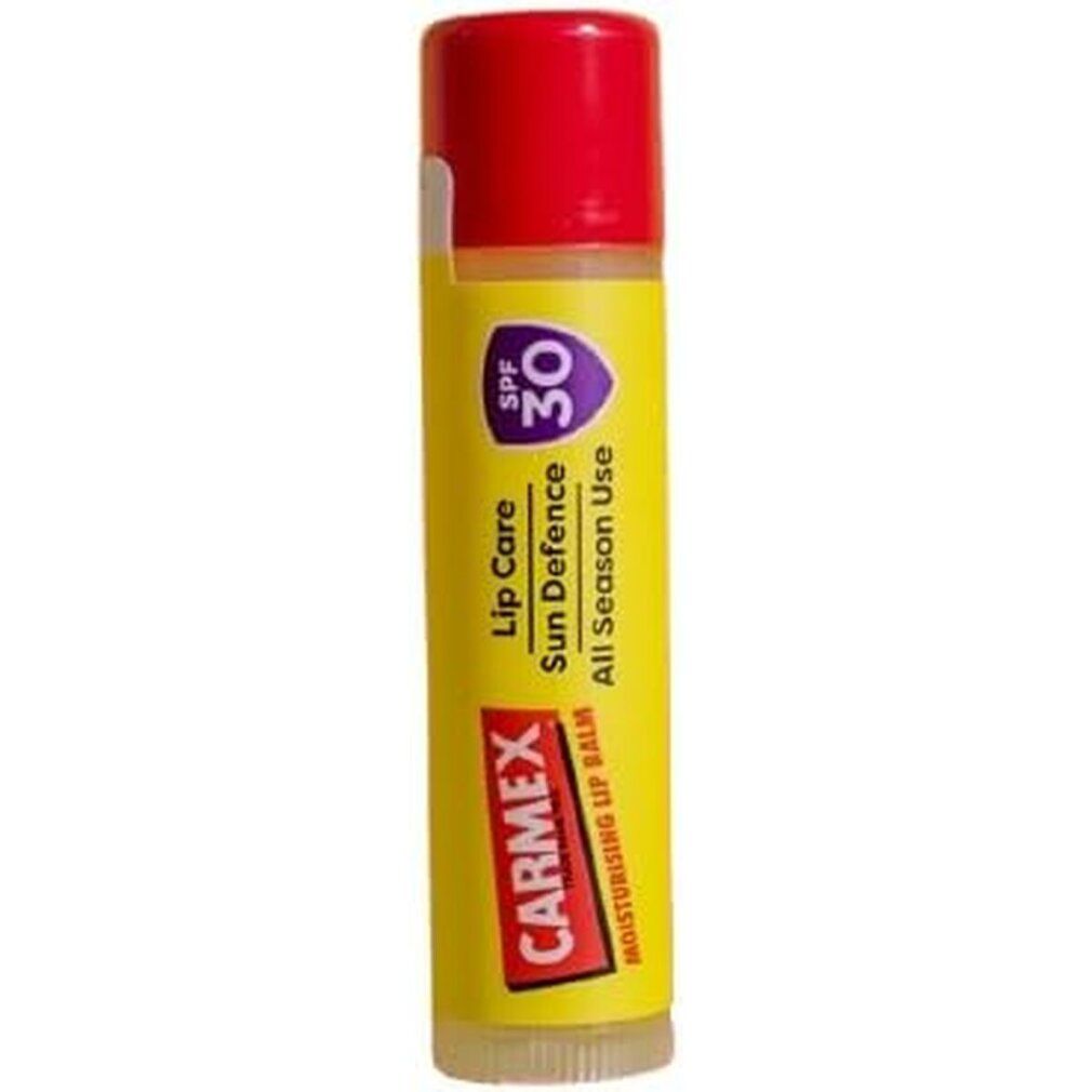 Carmex Lippenbalsam SPF30, gelbe Hülle mit roter Kappe. Text: "Lip Care Sun Defence All Season Use".