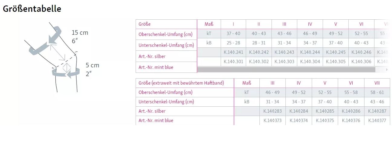 Größentabelle für Knieorthese. Zeigt Maße in cm und Zoll, sowie Artikelnummern und Größenangaben.