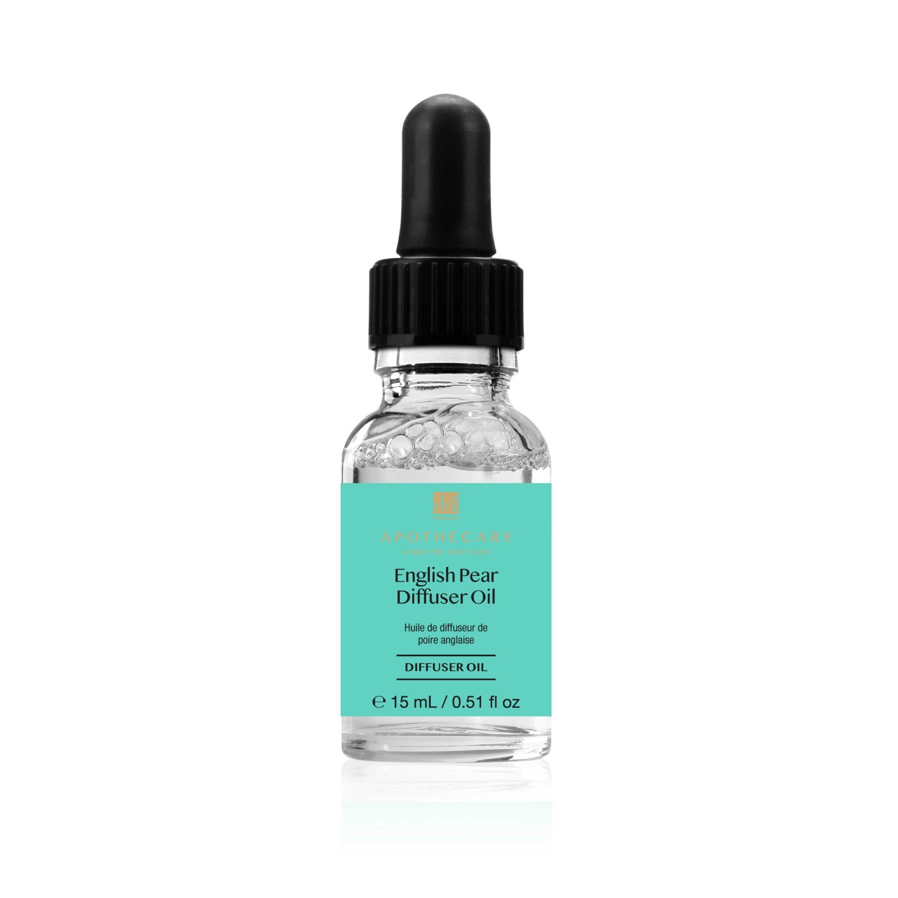Klarflasche mit schwarzem Tropfer. Türkisfarbenes Etikett mit Produktbezeichnung und Text. E 15 ml / 0.51 fl oz.