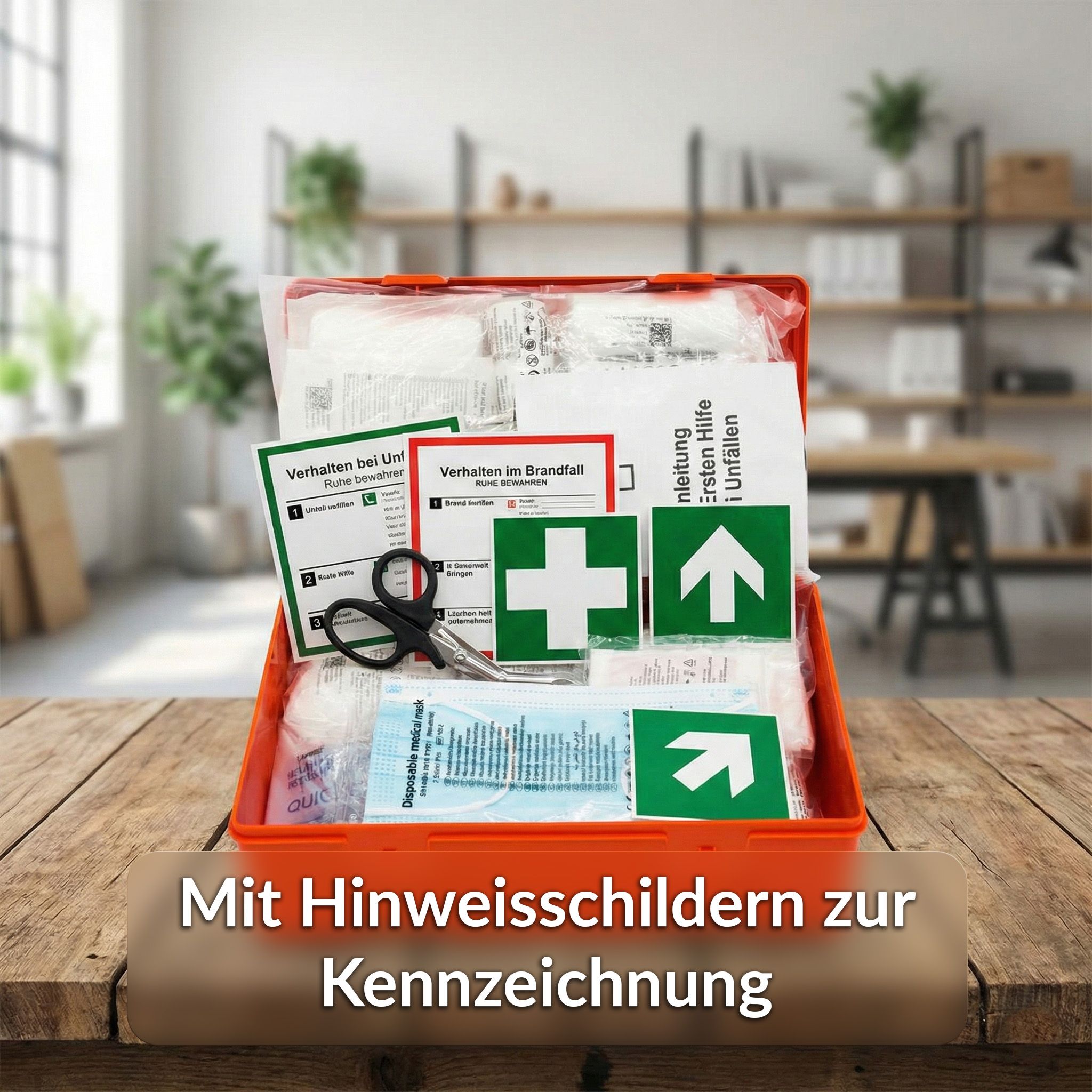 Roter Erste-Hilfe-Koffer, geöffnet, mit Inhalt. Auf einem Tisch. Hinweis-Schilder zur Kennzeichnung.