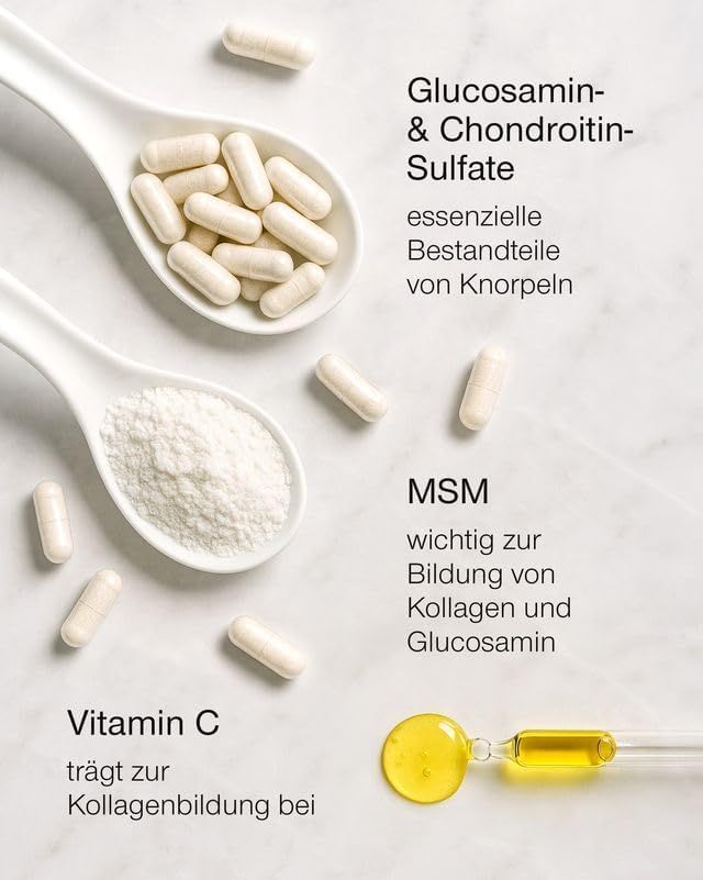 Kapseln in Löffeln und daneben. Text: Glucosamin- & Chondroitin-Sulfat, MSM, Vitamin C. Gelbe Flüssigkeit in Pipette. Beschriftung: essenzielle Bestandteile von Knorpeln.