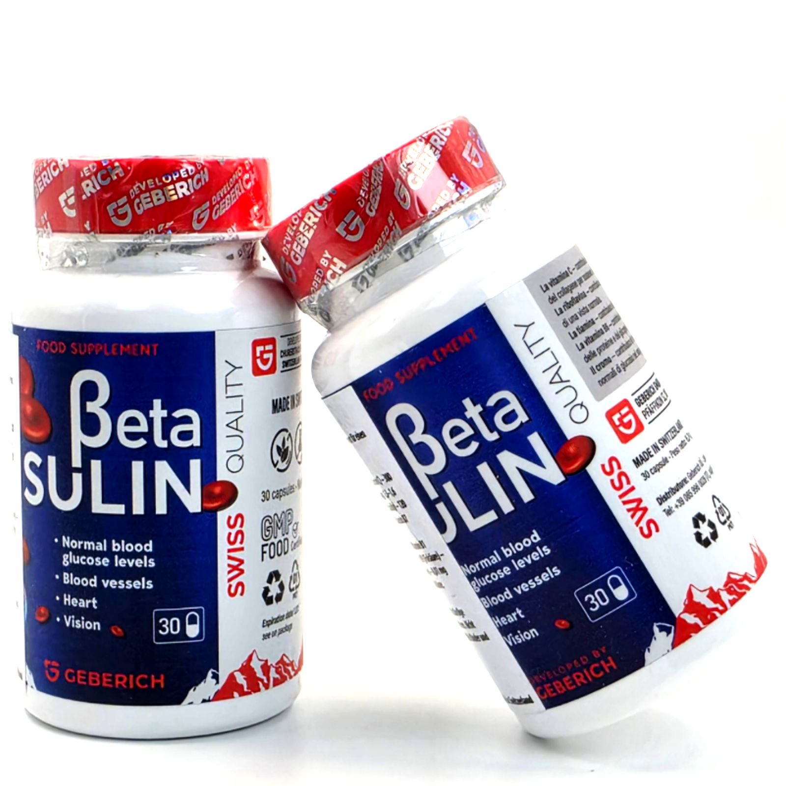 Zwei BetaSulin Kapselbehälter mit jeweils 30 Kapseln. Beschriftung: "Normal blood glucose levels, Blood vessels, Heart, Vision". Marke: Geberich.