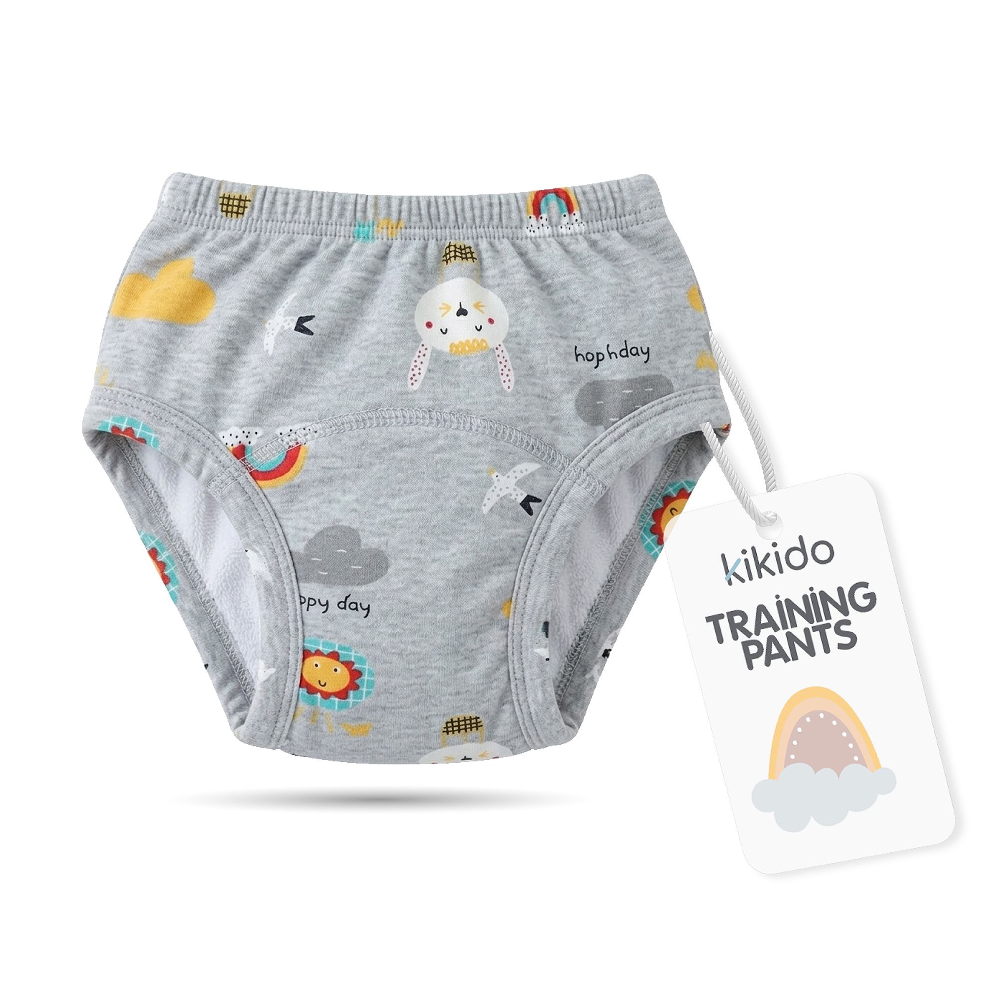 Graue Trainingshose mit bunten Mustern und Anhänger. Anhänger mit Kikido-Logo und Aufschrift TRAINING PANTS.