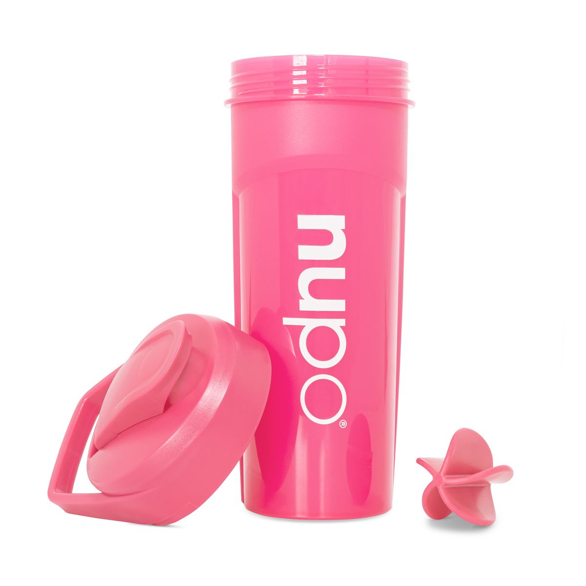 Pinkfarbener Shaker mit Deckel und Mixer. Weißes Logo. Kunststoff.