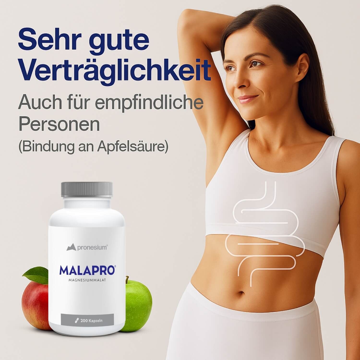 Frau mit Bauch. Text: Sehr gute Verträglichkeit. Flasche: pronesium, MALAPRO, 200 Kapseln. Äpfel.