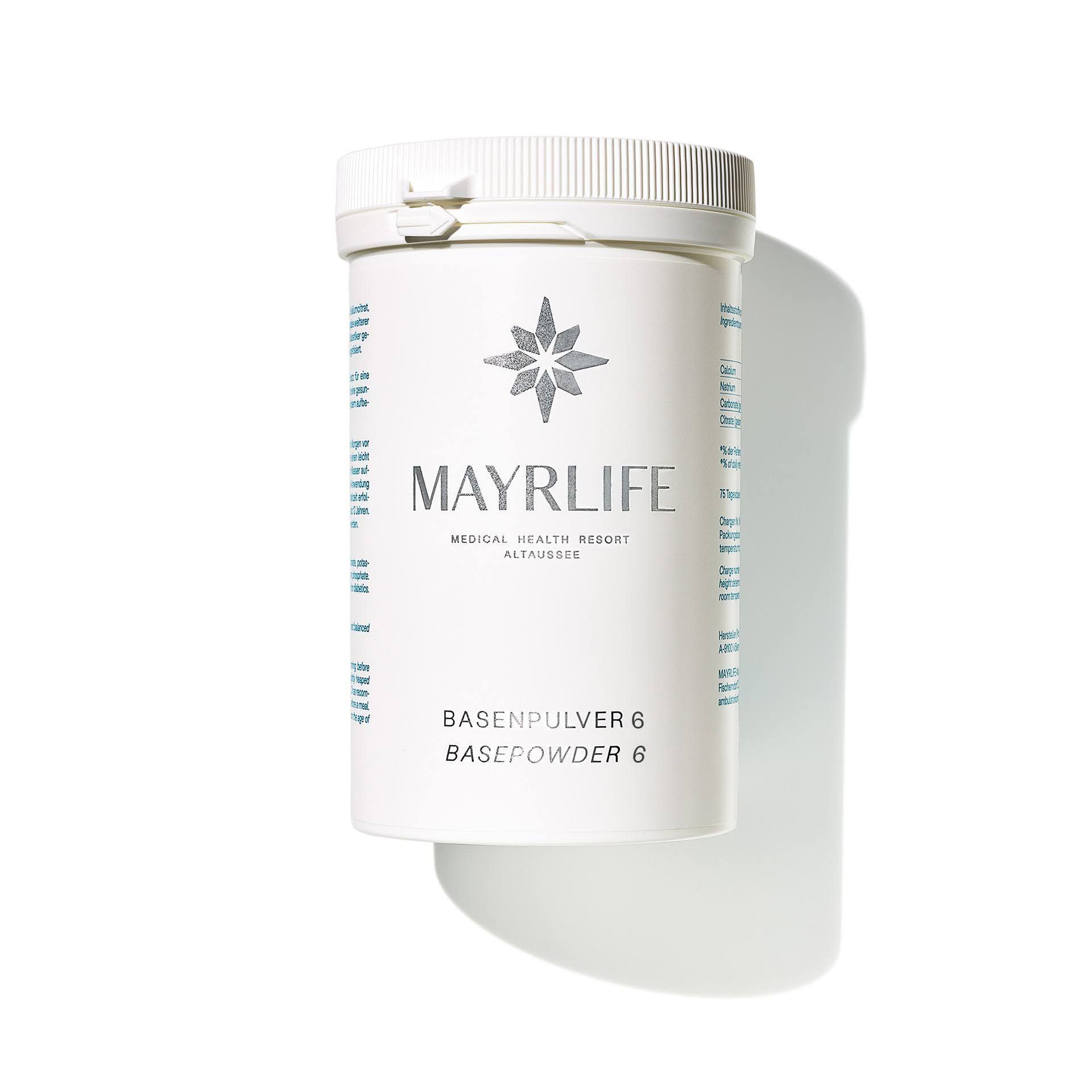 Weißes MAYRLIFE Basenpulver 6 Produkt. Zylindrische Dose mit Schraubverschluss. Aufschrift MAYRLIFE und Basenpulver 6.