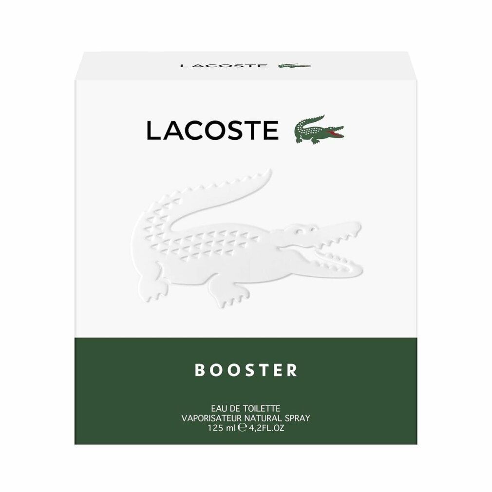 Lacoste Booster Eau de Toilette Flakon. Transparenter Glasflakon mit grünem Verschluss und Krokodil-Logo.