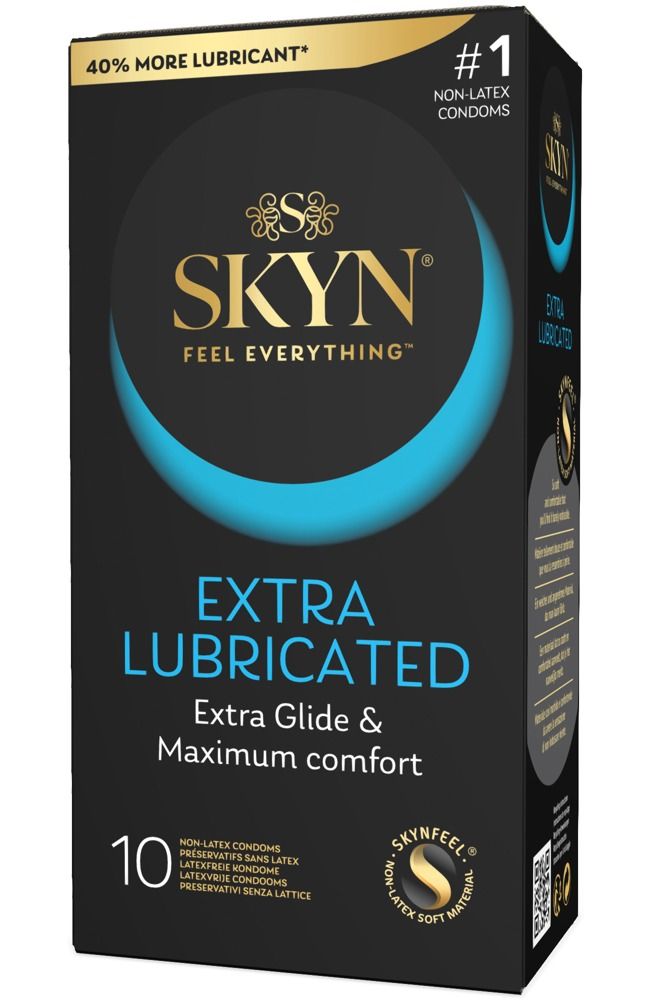 Verpackung mit Kondomen. Aufschrift: SKYN, Extra Lubricated, 10 Stück. Enthält das Label 'World's #1 Non-Latex Condom'.