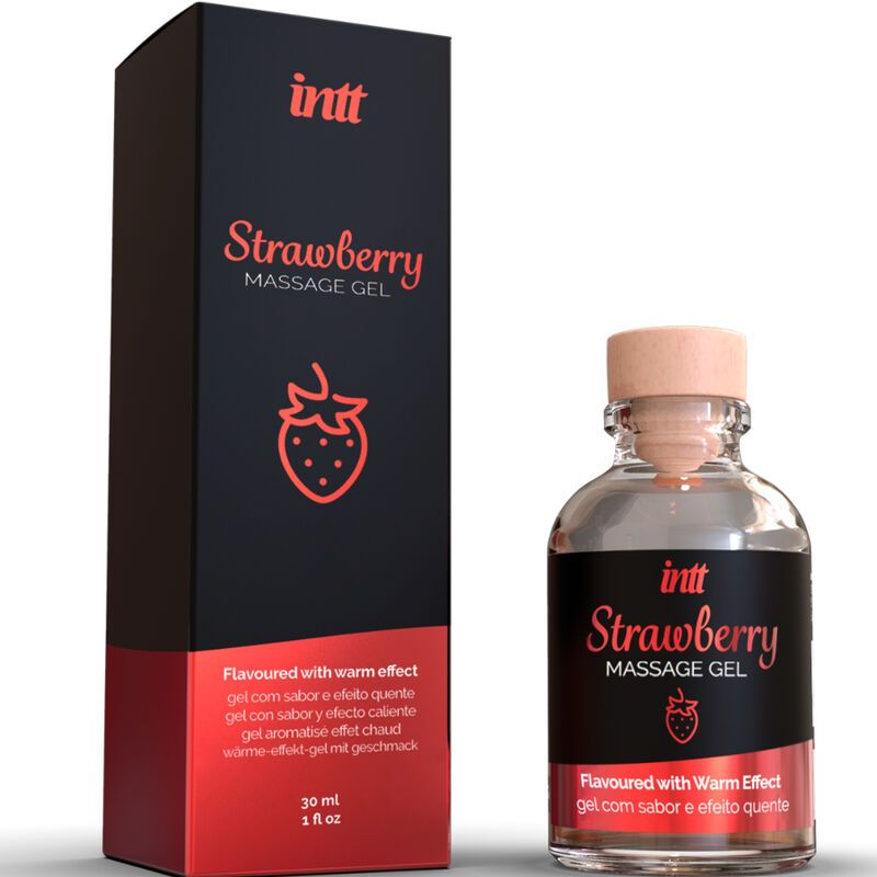 Flasche und Schachtel. Auf der Schachtel steht "Strawberry Massage Gel". Die Flasche hat ein Etikett mit gleichem Text.