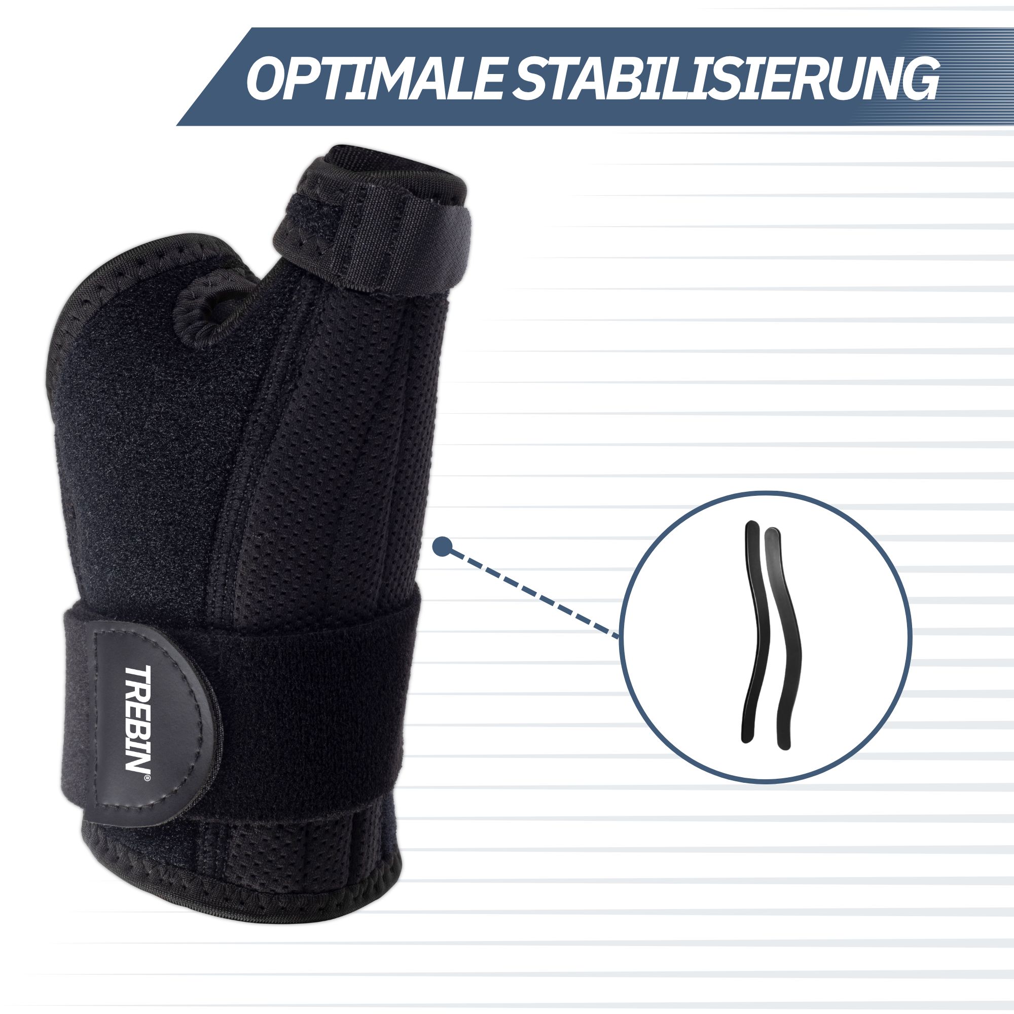 Schwarzer Daumen-Stabilisator mit Klettverschluss und sichtbarem Markennamen.