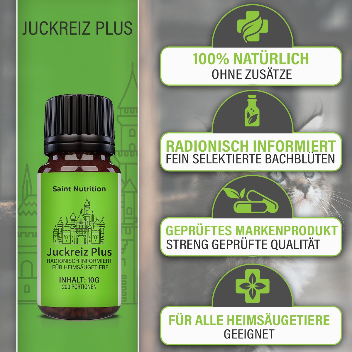 Produktflasche neben Infografik. Text: 100% natürlich ohne Zusätze, radionisch informiert, geprüftes Markenprodukt, für alle Haustiere geeignet.