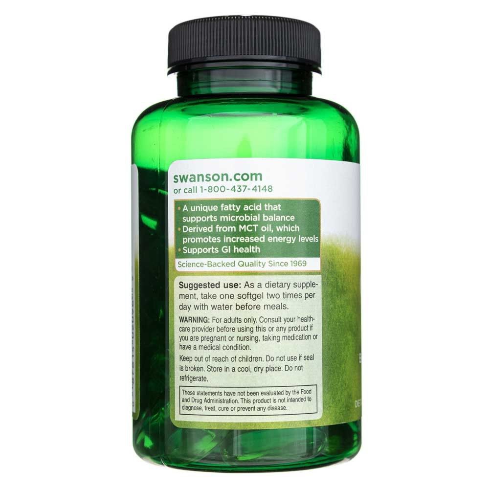 Rückseite einer grünen Flasche mit Caprylic Acid Softgels, Produktvorteile und Anwendung.