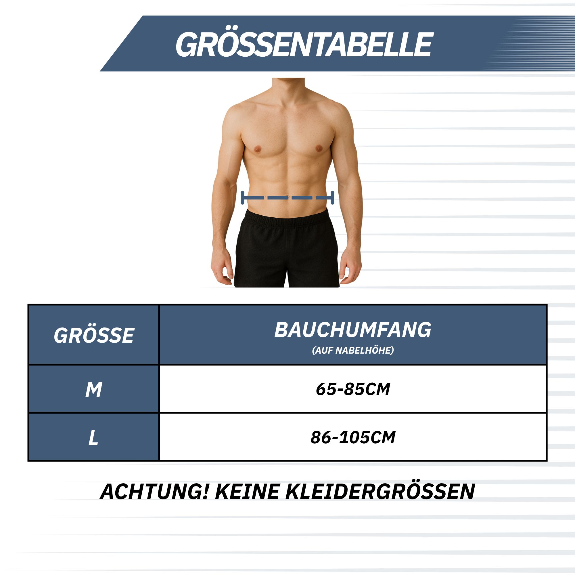Größentabelle für Lendenwirbelstützgurt: Bauchumfang 65-105 cm.
