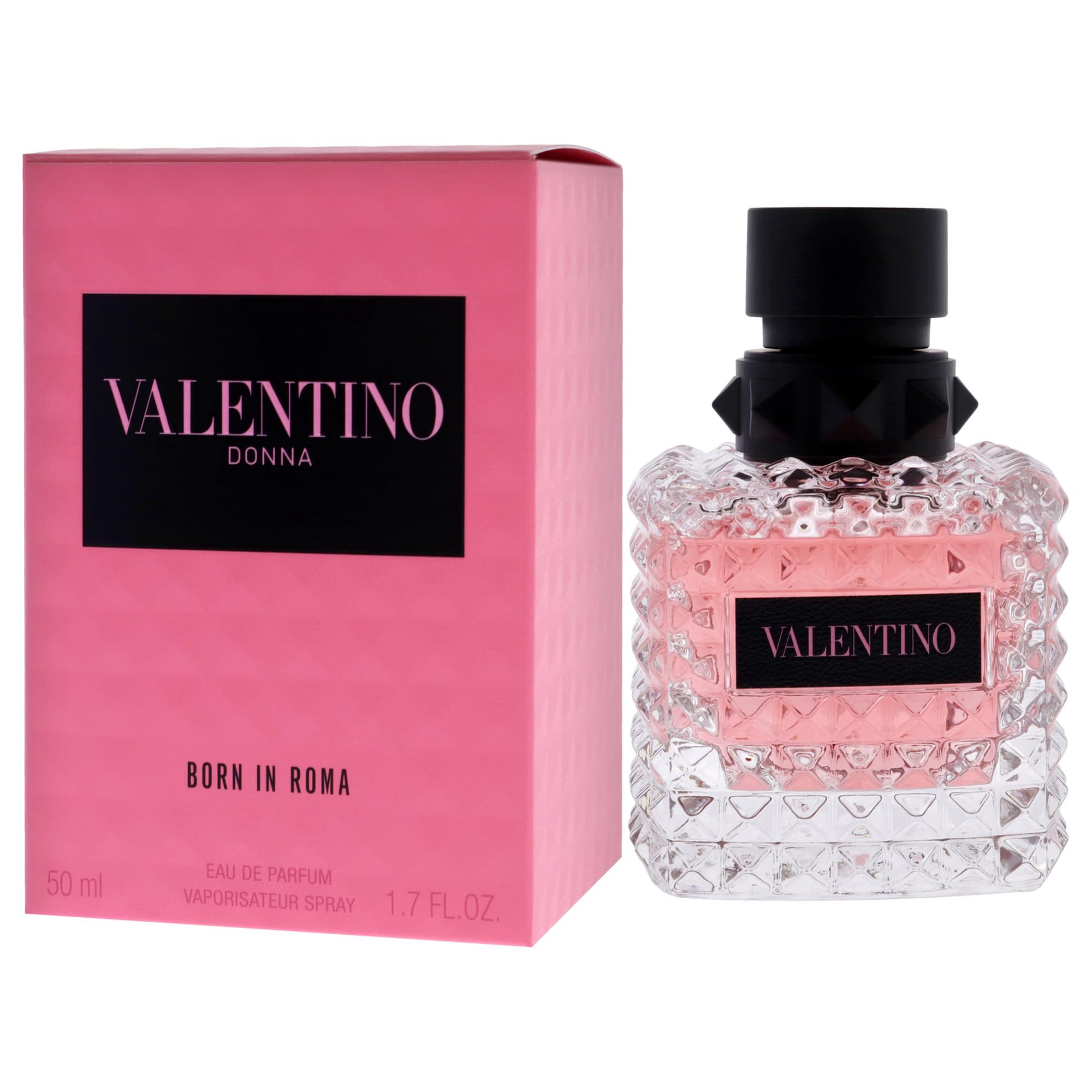 Valentino Born In Roma Damen Eau De Parfum. Rosa Verpackung und Flakon. Schwarzer Verschluss. Klarer Flakon mit rosa Flüssigkeit.