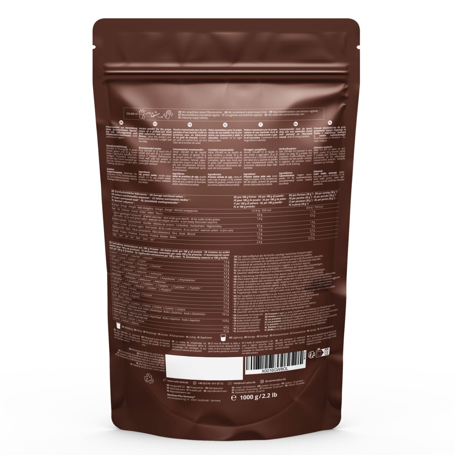 Rückseite eines braunen Beutels Veganes Proteinpulver 3k. Text: Nährwertangaben, Zutaten, Herstellerinformationen, Barcode. Gewicht: 1000 g / 2.2 lb.