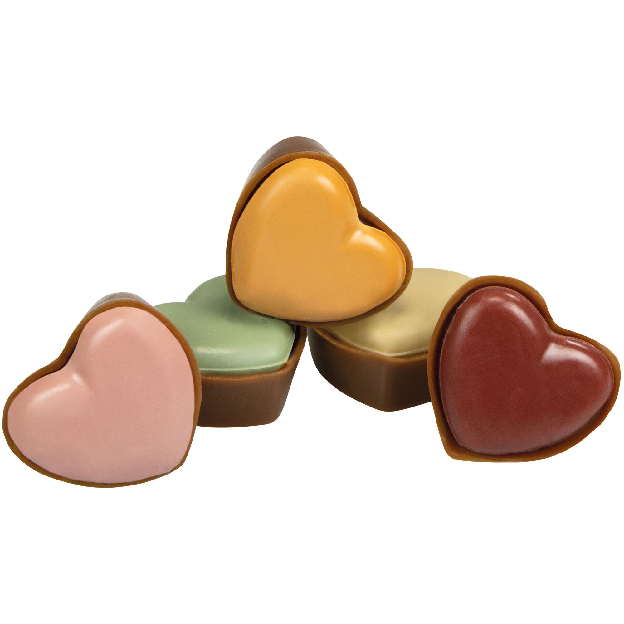 Fünf Herz-Leckerlis für Hunde. Verschiedene Farben: Rosa, Grün, Gelb, Rotbraun, Orange. Schokoladenfarbener Rand.