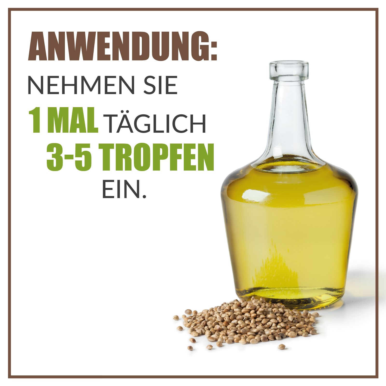 Glasflasche mit gelber Flüssigkeit und Samen. Text: Anwendung: 1 Mal täglich 3-5 Tropfen einnehmen.