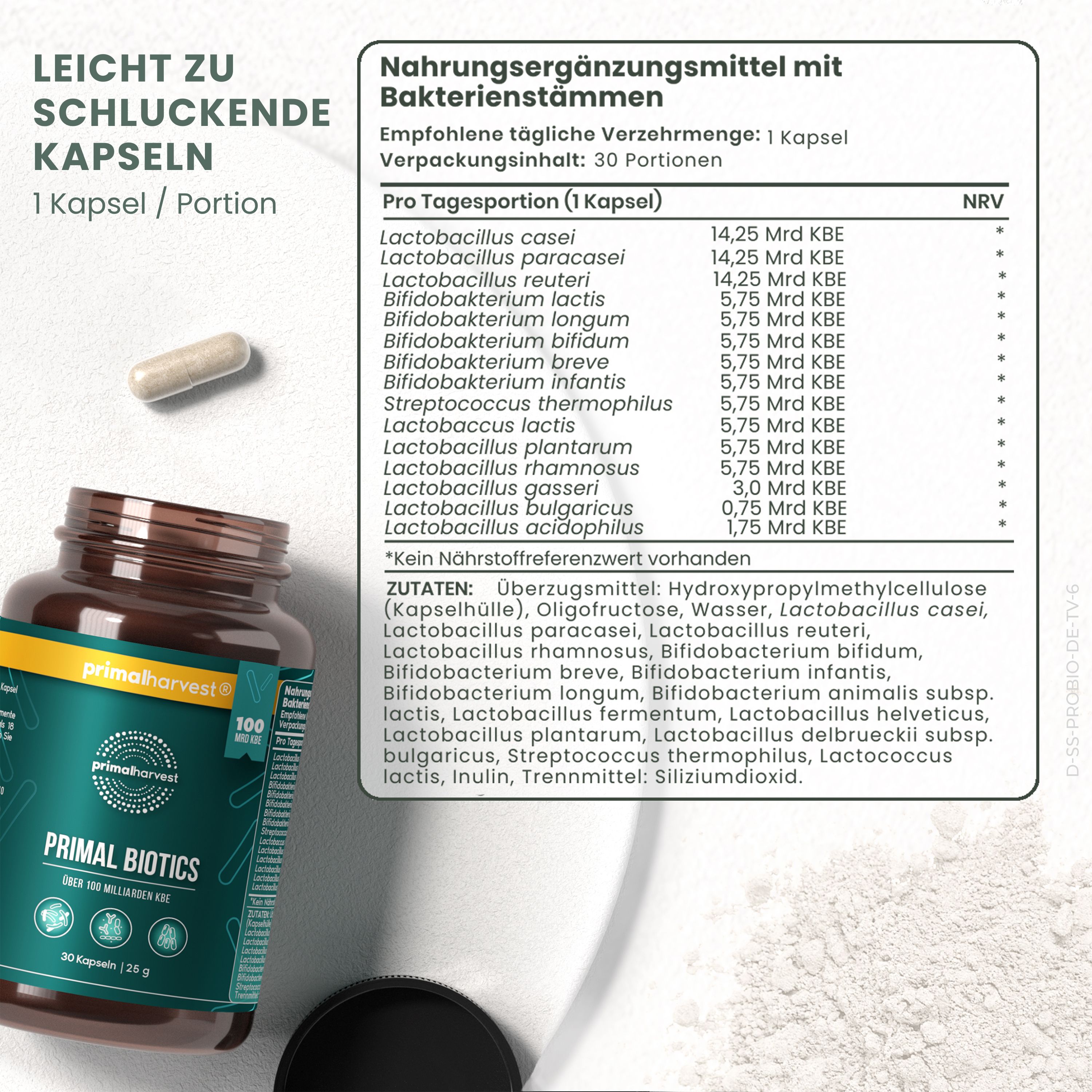 Eine Flasche Primal Harvest Probiotika mit Etiketten. Aufschrift: 100 Milliarden KBE, 30 Kapseln. Eine Kapsel daneben.