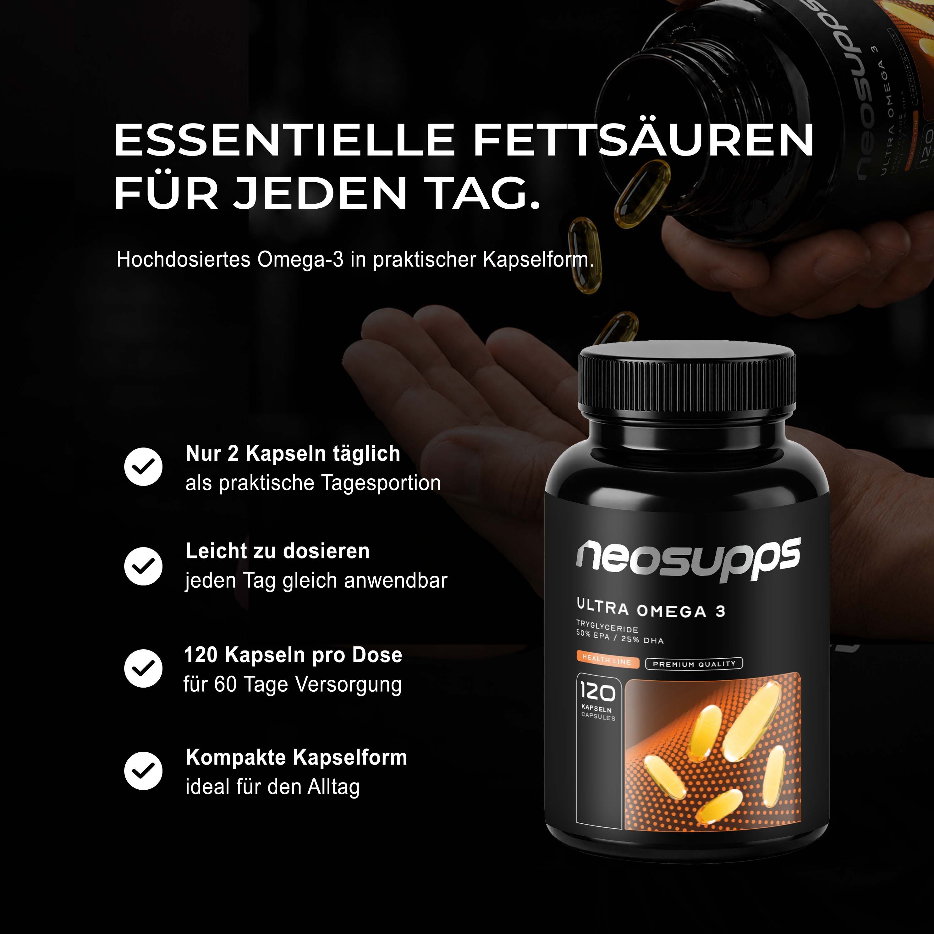 Hände halten eine Flasche neosupps Ultra Omega 3. Text: 2 Kapseln täglich. 120 Kapseln pro Dose. Kompakte Kapselform.