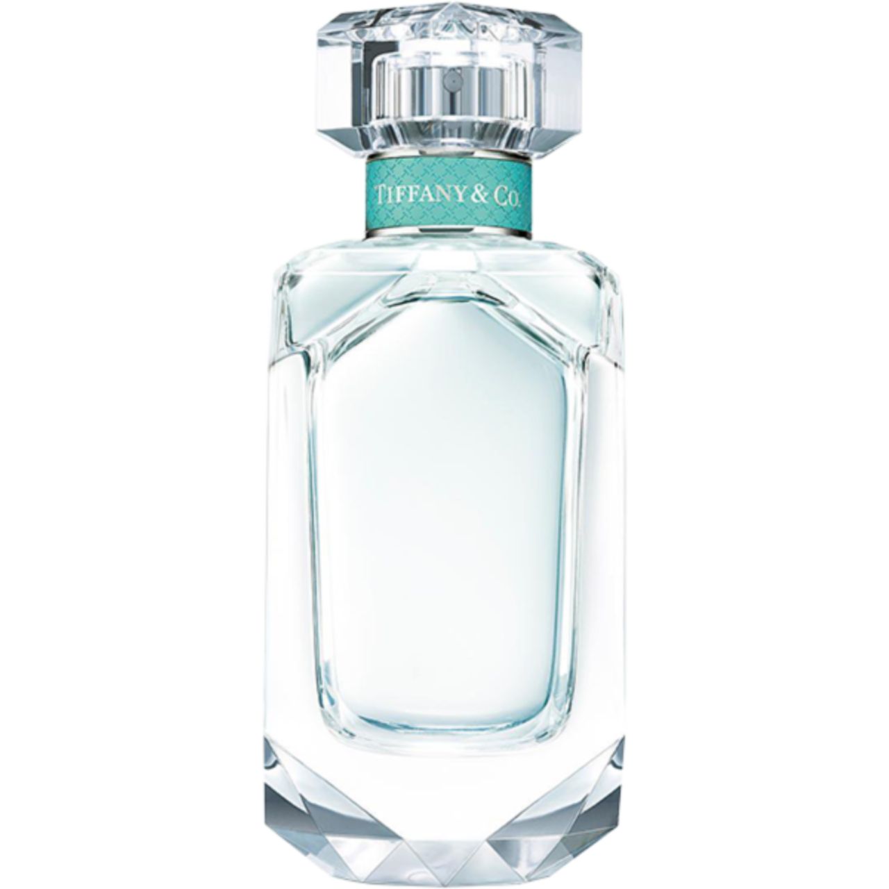 Glasflakon, achteckig, mit transparentem Deckel. Türkisfarbener Ring mit Schriftzug. Aufschrift: Tiffany & Co.