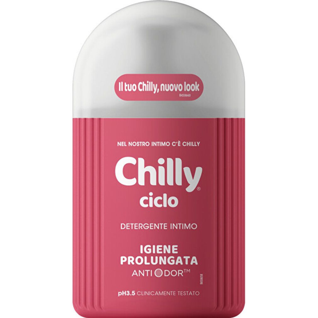 Rosa Flasche mit weißem Deckel. Aufschrift "Chilly ciclo", "Detergente intimo", "Igiene prolungata".