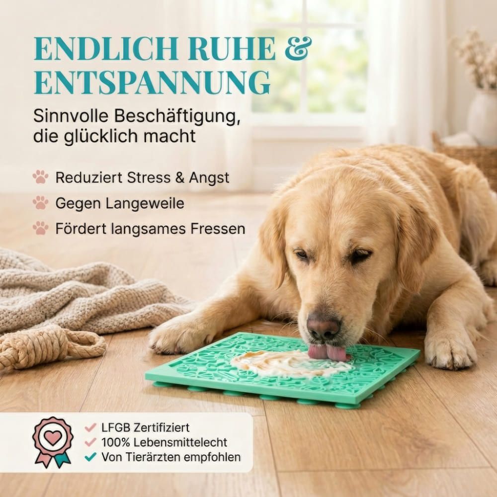 Hund liegt vor grüner Leckmatte. Hund leckt an der Matte. Text: Endlich Ruhe & Entspannung. LFGB-Zertifizierung.