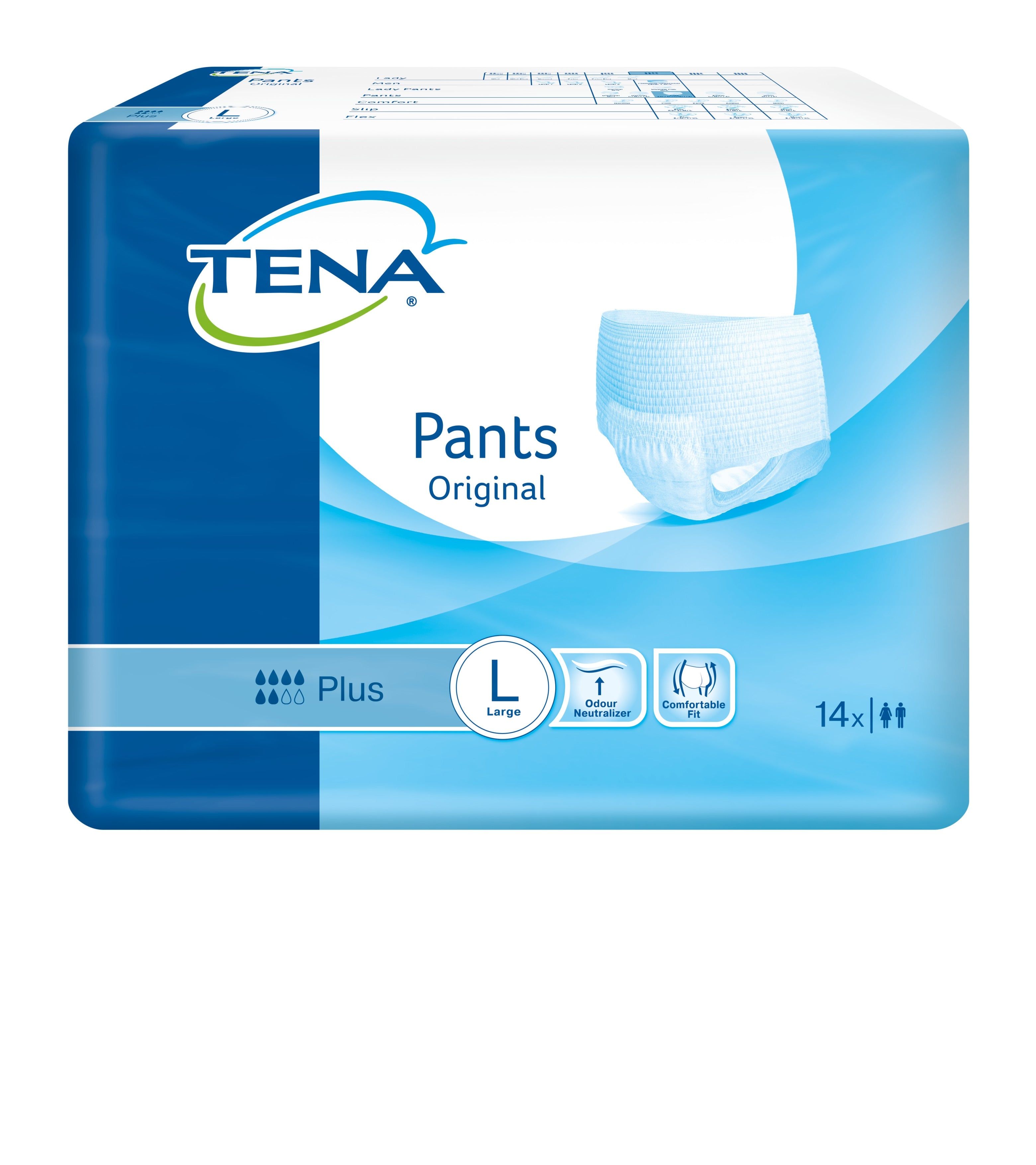 TENA Pants Original Plus Packung. Blaue Verpackung mit Produktabbildung und Logo. Größe L.