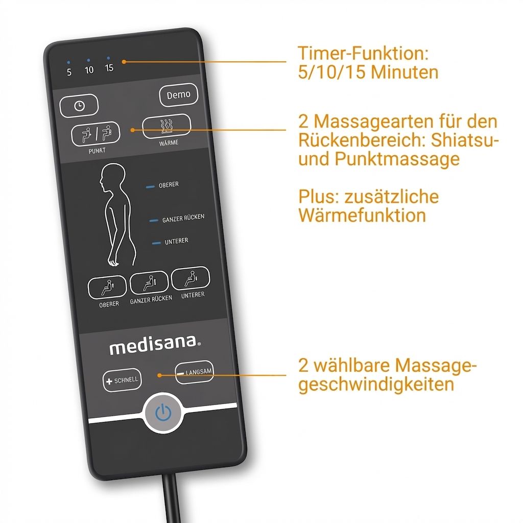 Fernbedienung für Massagesessel mit Timer, Massagearten und Geschwindigkeitsoptionen.