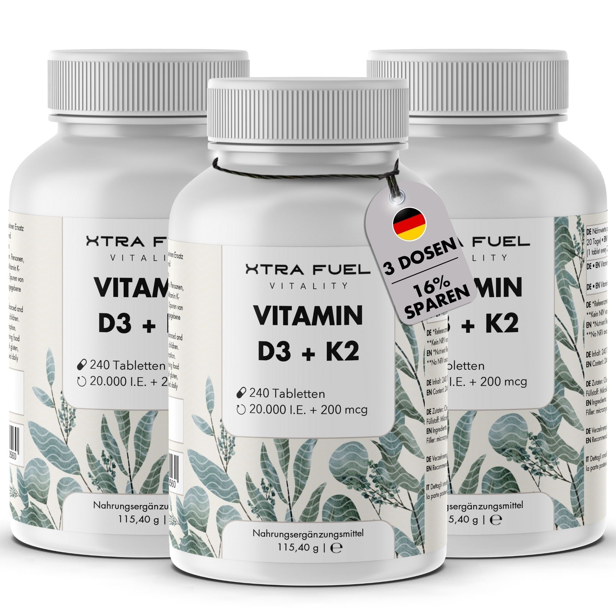XTRA FUEL Vitamin D3 + K2 Tabletten: hochdosierte 20.000 I.E. + 200mcg MK-7