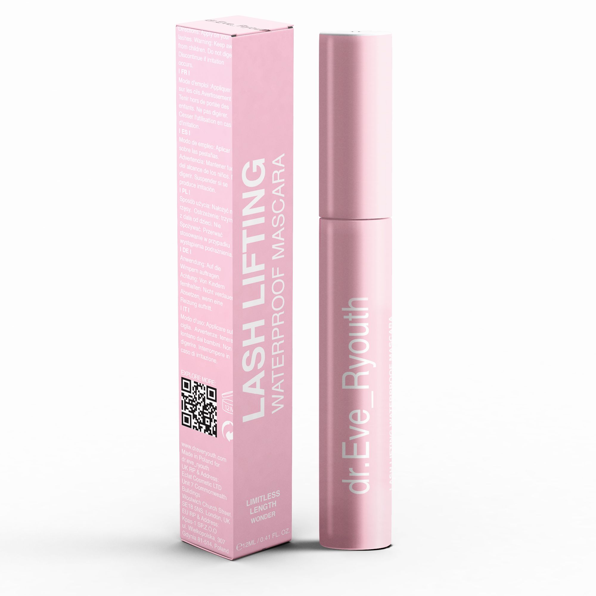 Rosa Mascara-Verpackung und Flasche mit der Aufschrift 'Lash Lifting Waterproof Mascara'.