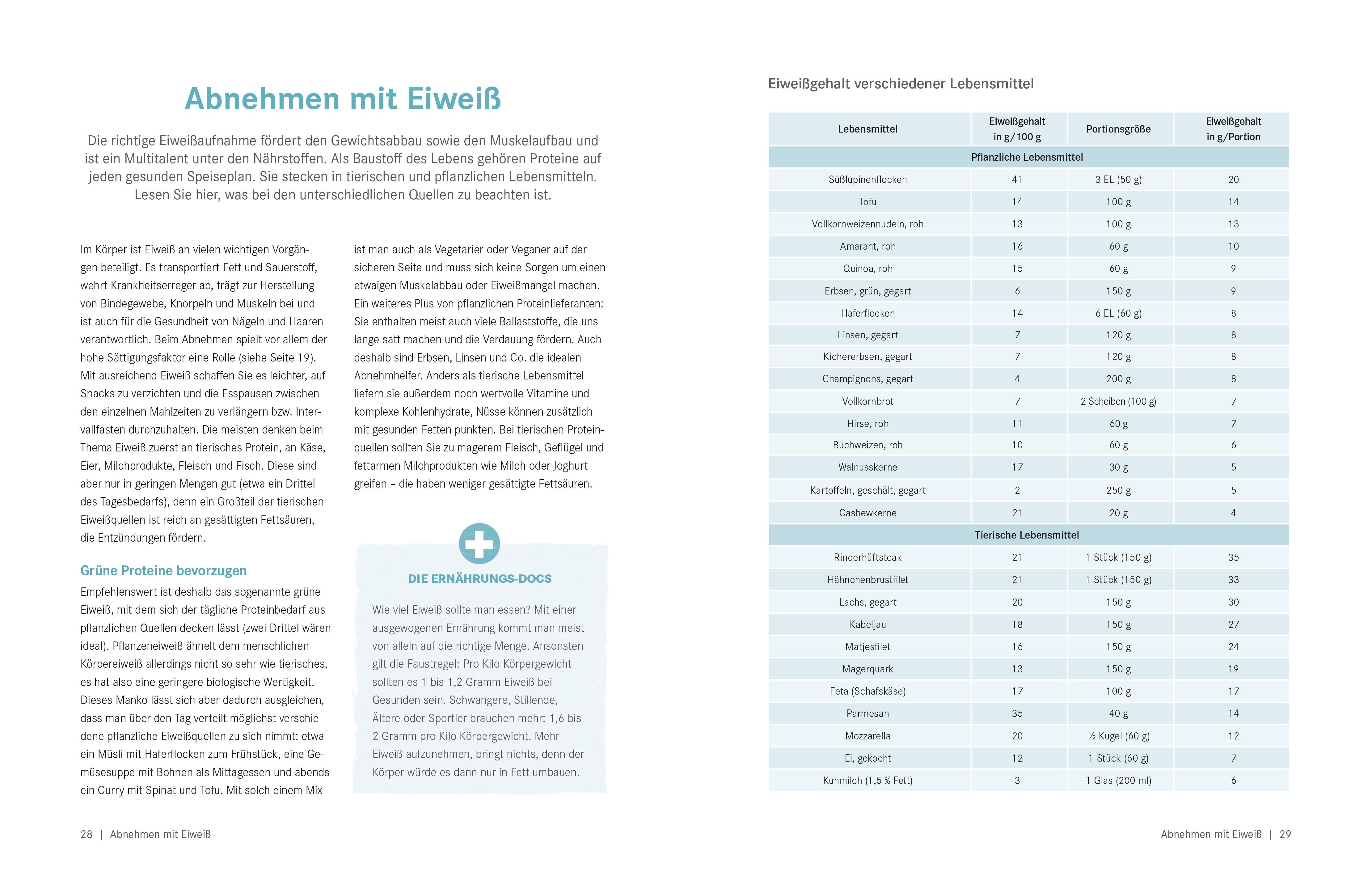 Buchseite mit Tabellen über Nährwerte von Lebensmitteln. Text in deutscher Sprache.