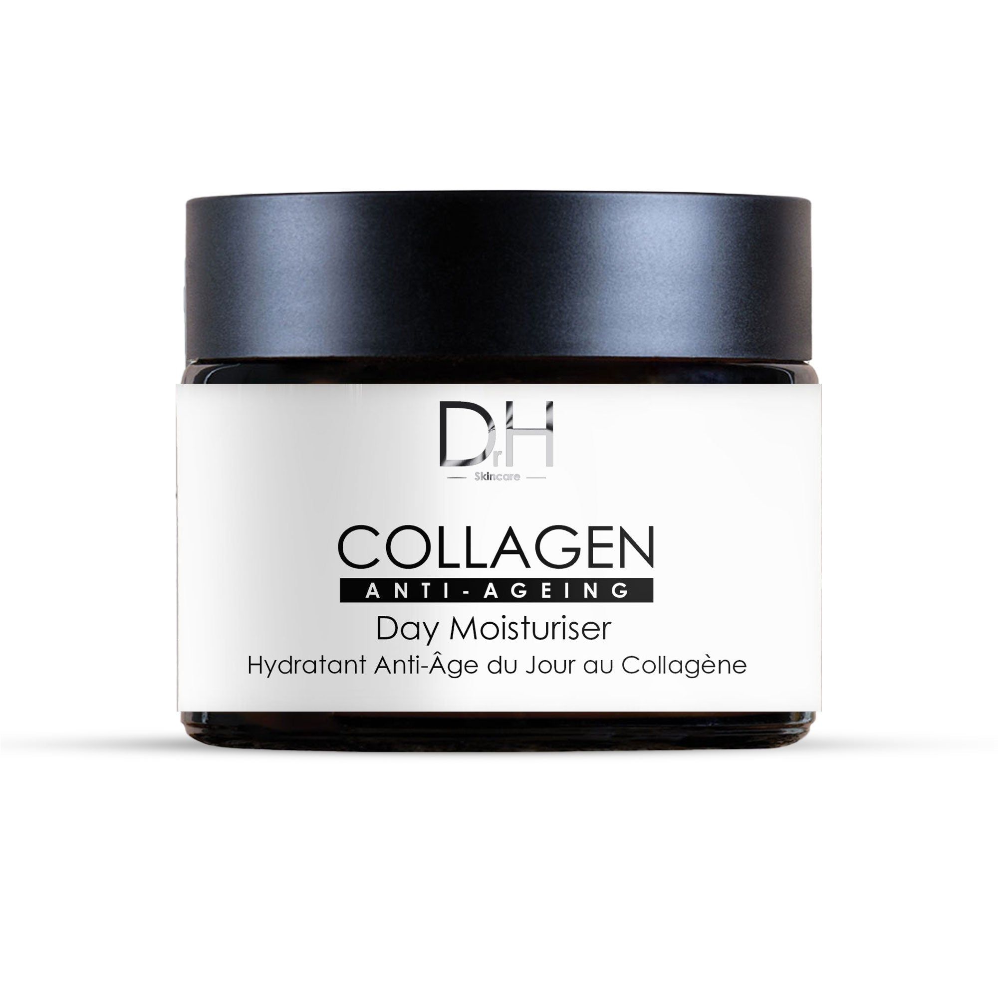 Creme-Tiegel mit schwarzem Deckel. Aufschrift: Collagen Anti-Ageing Day Moisturiser. DH-Logo.