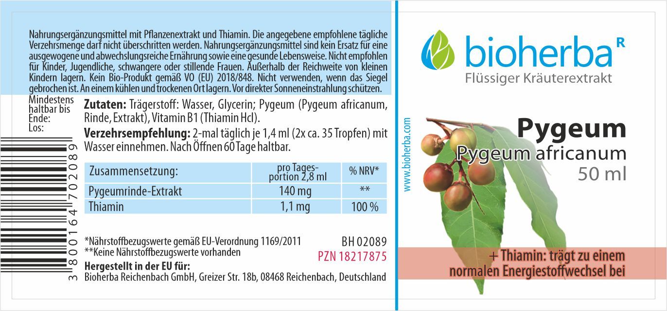 Etikett mit Produktinformationen. Enthält Text, Inhaltsstoffe und Nährwertangaben. Marke: Bioherba. Produkt: Pygeum africanum.