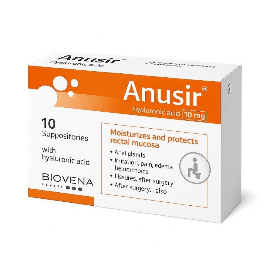 Verpackung von Anusir mit 10 Zäpfchen. Enthält Hyaluronsäure. Marke: Biovena Health. Orangefarbener Streifen mit Produktnamen und Inhaltsangaben.