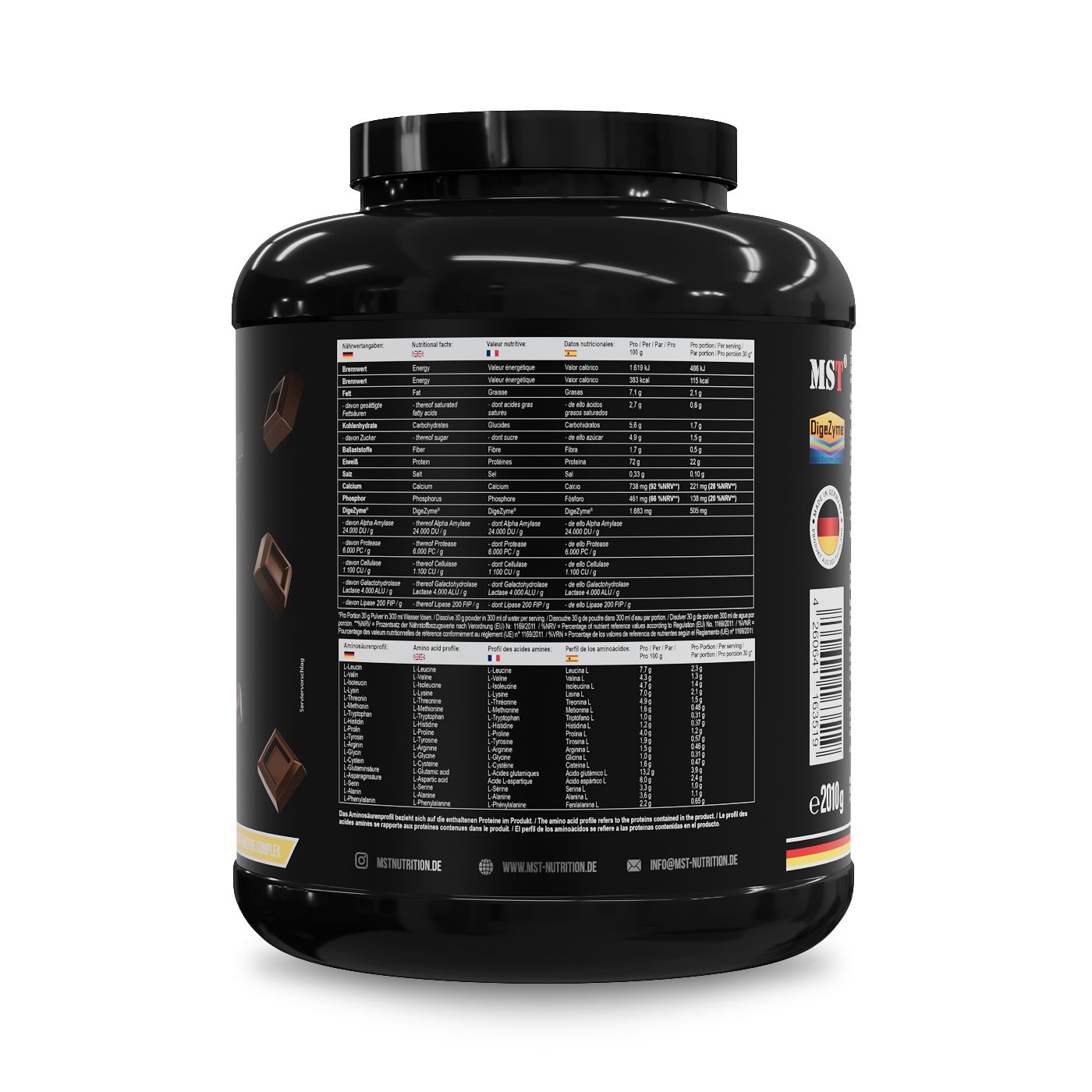 Rückseite der schwarzen Dose MST Best Whey Protein. Text in mehreren Sprachen. Mit Zertifizierungen und Inhaltsangaben.
