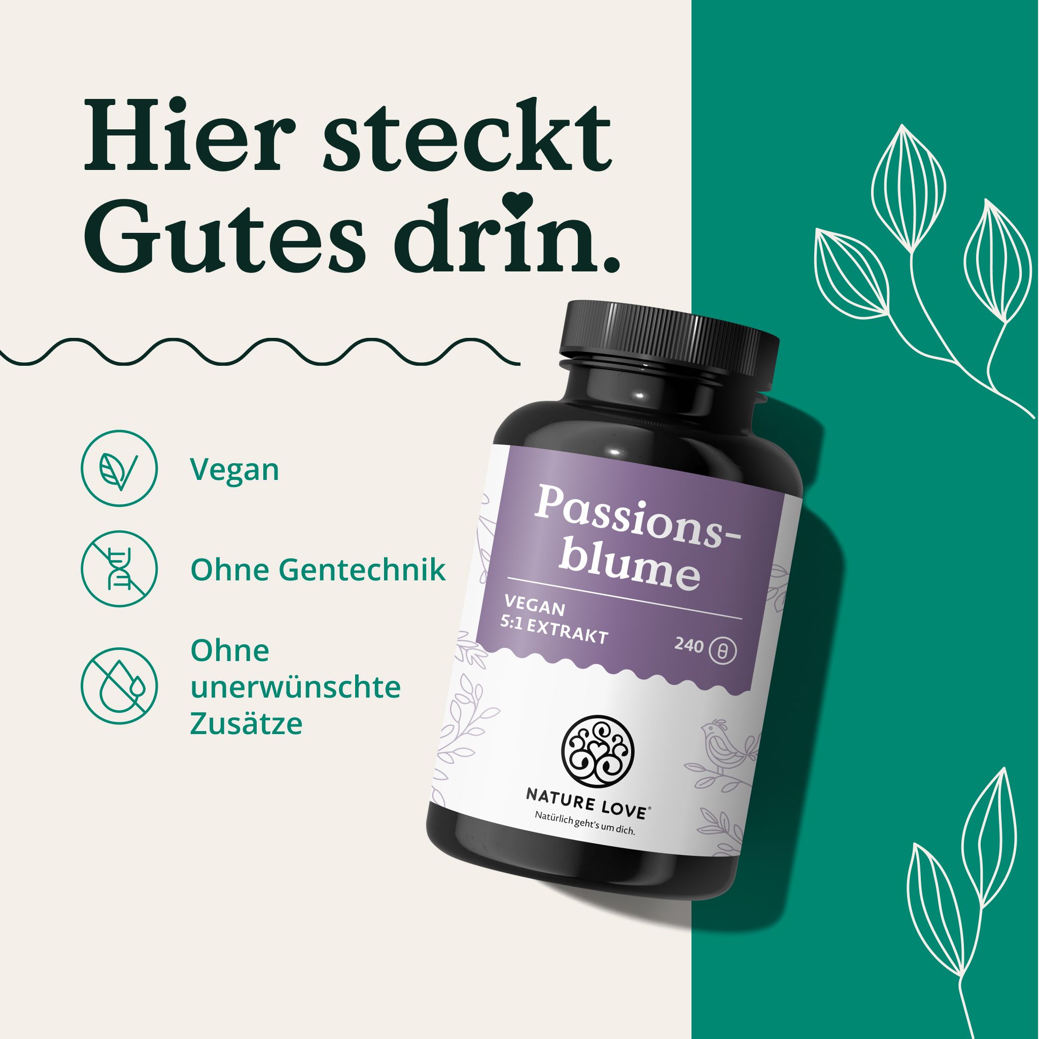 Flasche mit Passionsblumenextrakt-Kapseln, mit Siegeln für Vegan und Gentechnikfrei.