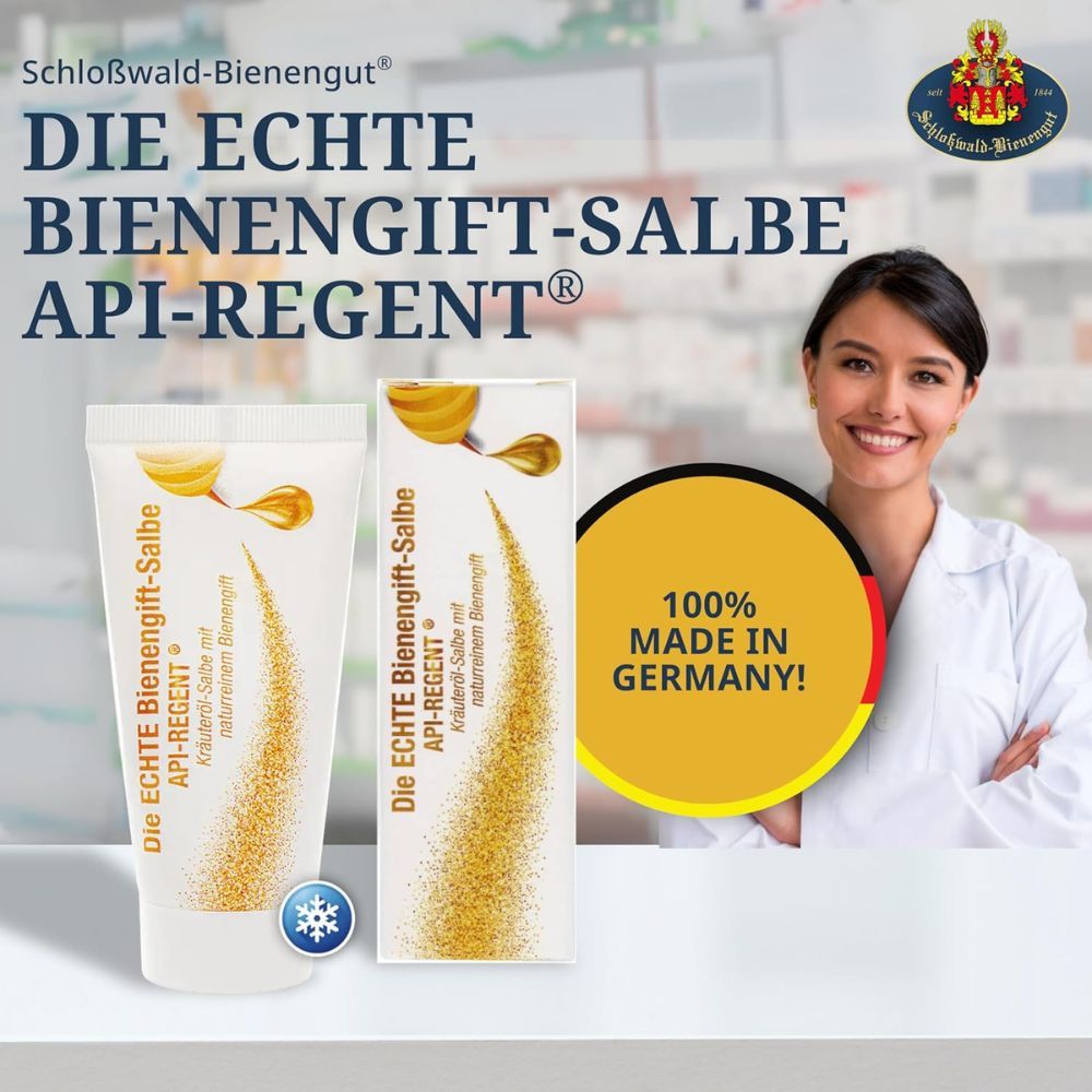 Werbebild. Frau und Produkte. Text: Die ECHTE Bienengift-Salbe API-REGENT®, 100% Made in Germany, Tube und Karton.