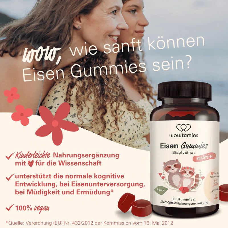 Flasche WOWTAMINS Eisen Gummibärchen, zuckerfrei, 60 Stück, mit Waschbären-Motiv und Blumen.