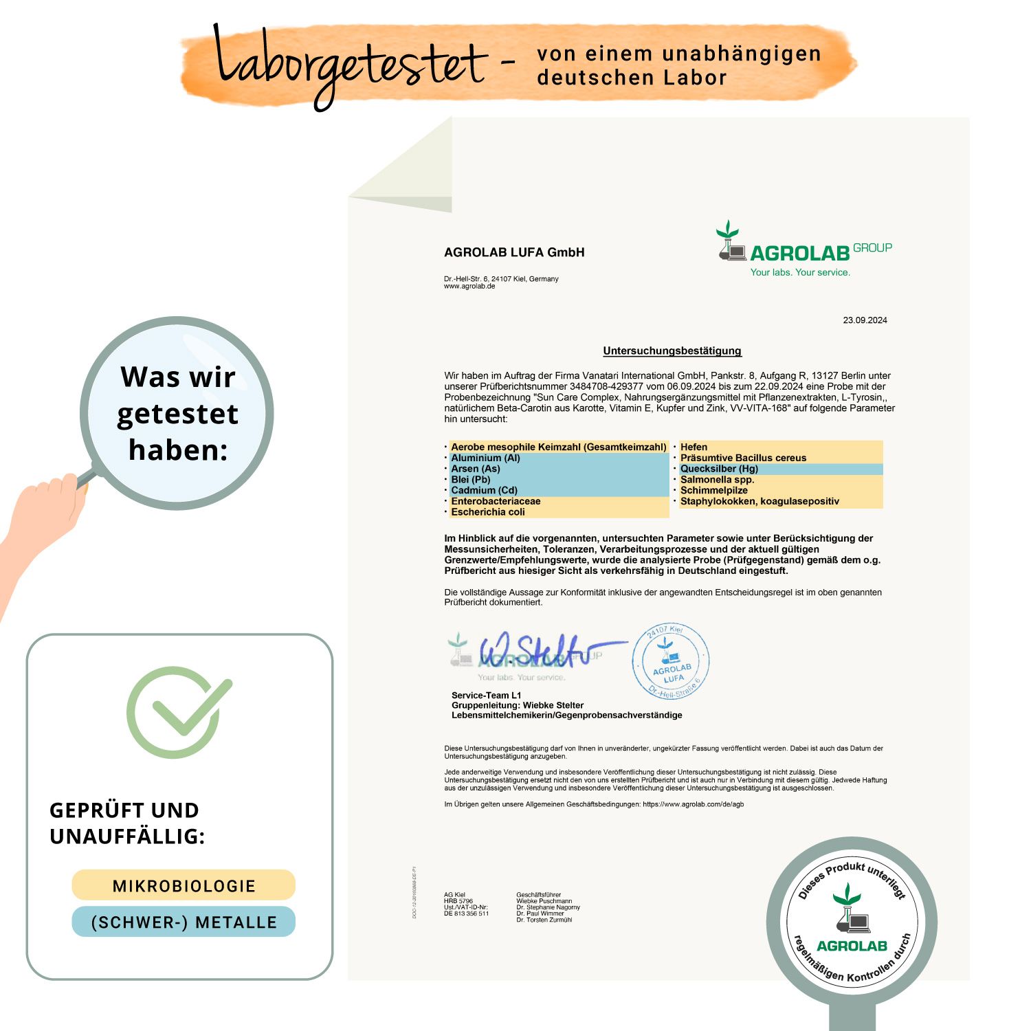 Zertifikat von AGROLAB LUFA GmbH. Bestätigt die Prüfung von Vegavaro Sun Care Complex auf verschiedene Parameter.