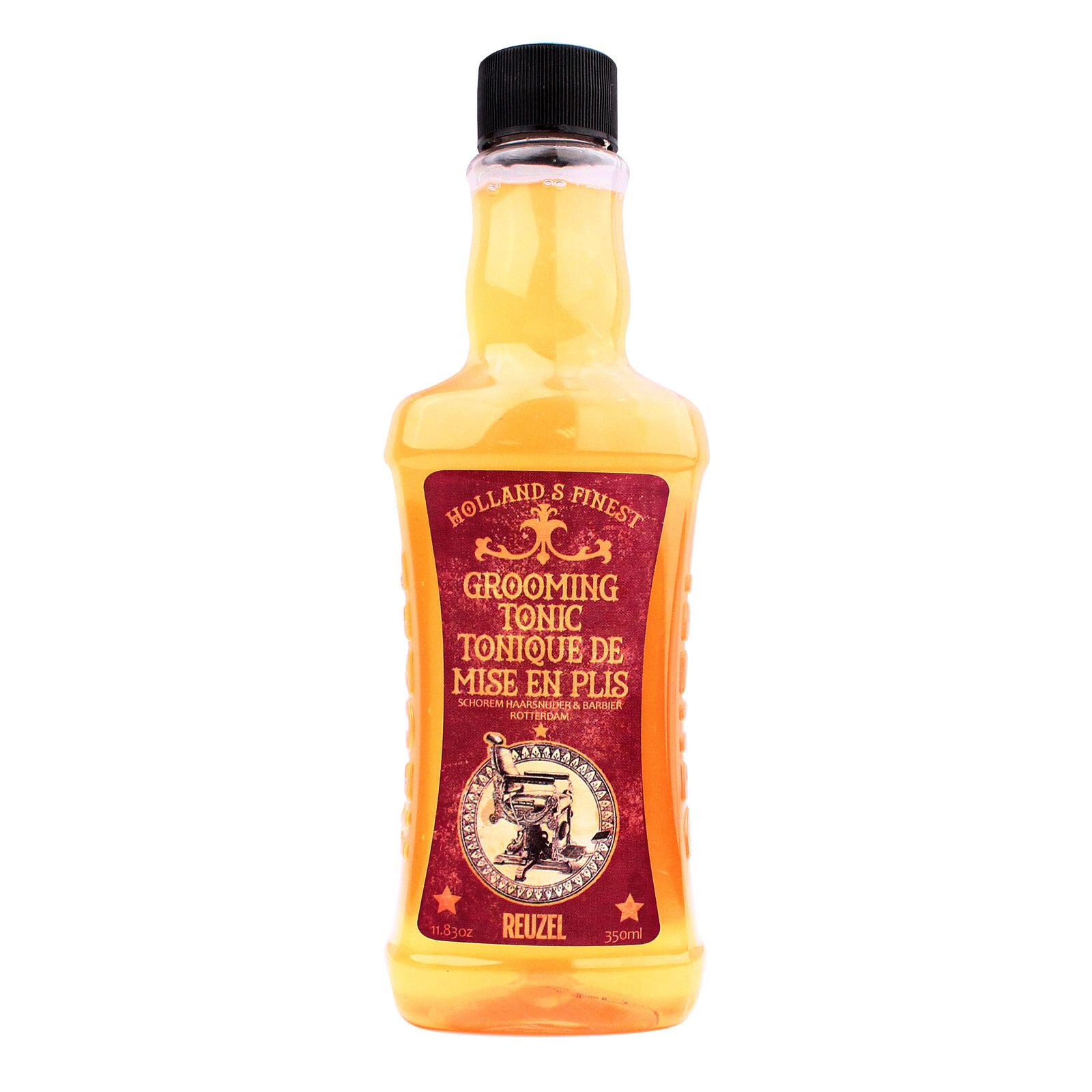 Reuzel Grooming Tonic Flasche mit Etikett, das einen Friseurstuhl und Sterne zeigt.